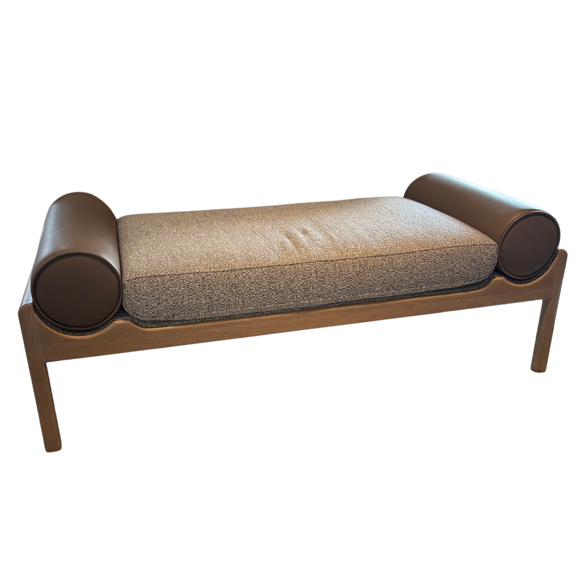 Tulip Scoop Ottoman in Moondust Twilight with Almond Faux Leather bolsters on Blonde Oak