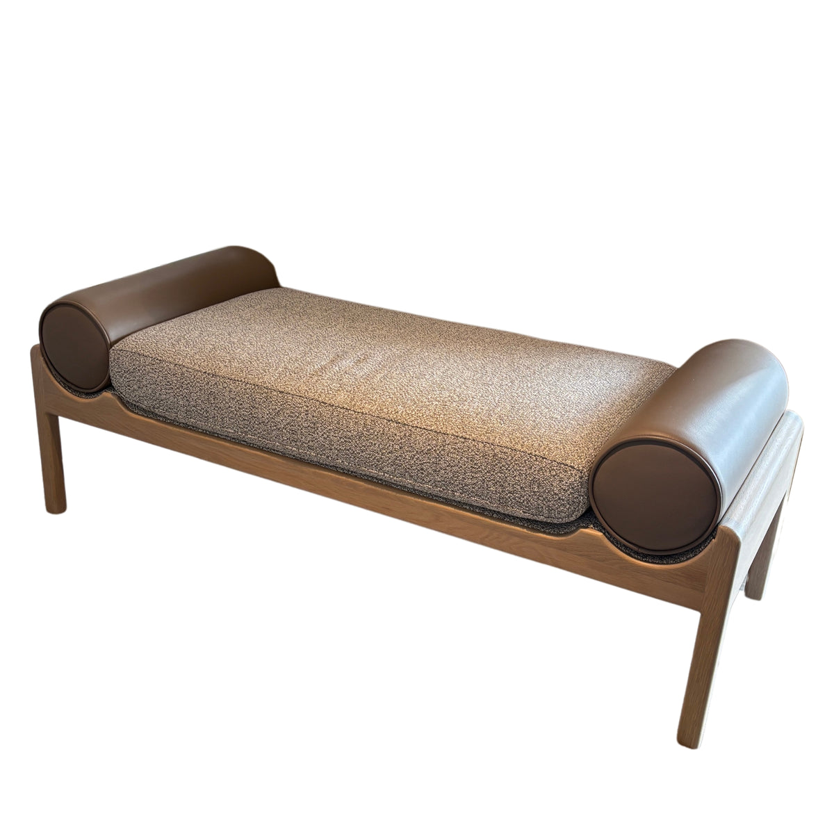 Tulip Scoop Ottoman in Moondust Twilight with Almond Faux Leather bolsters on Blonde Oak