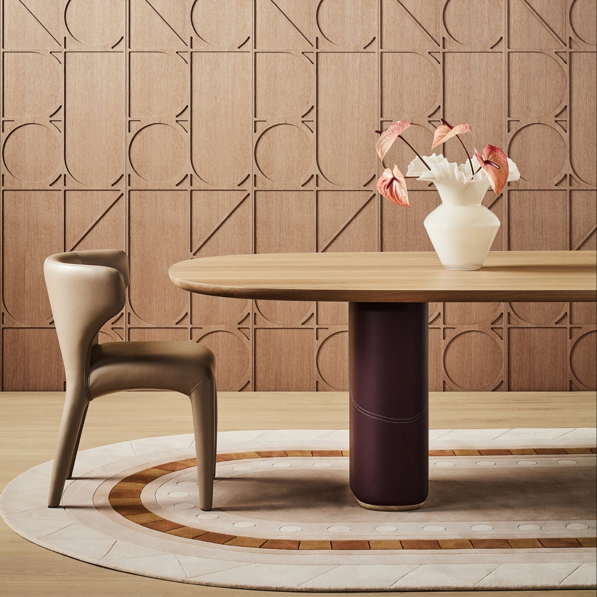 Clover Dining Table with Leather Base Stitch base