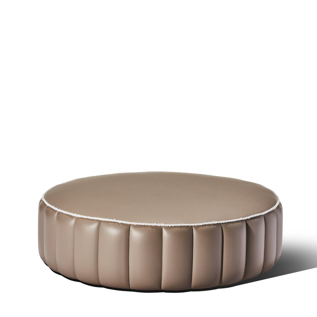 Cloud Scalloped Ottoman in Macadamia Faux Leather with Bubble Dune piping