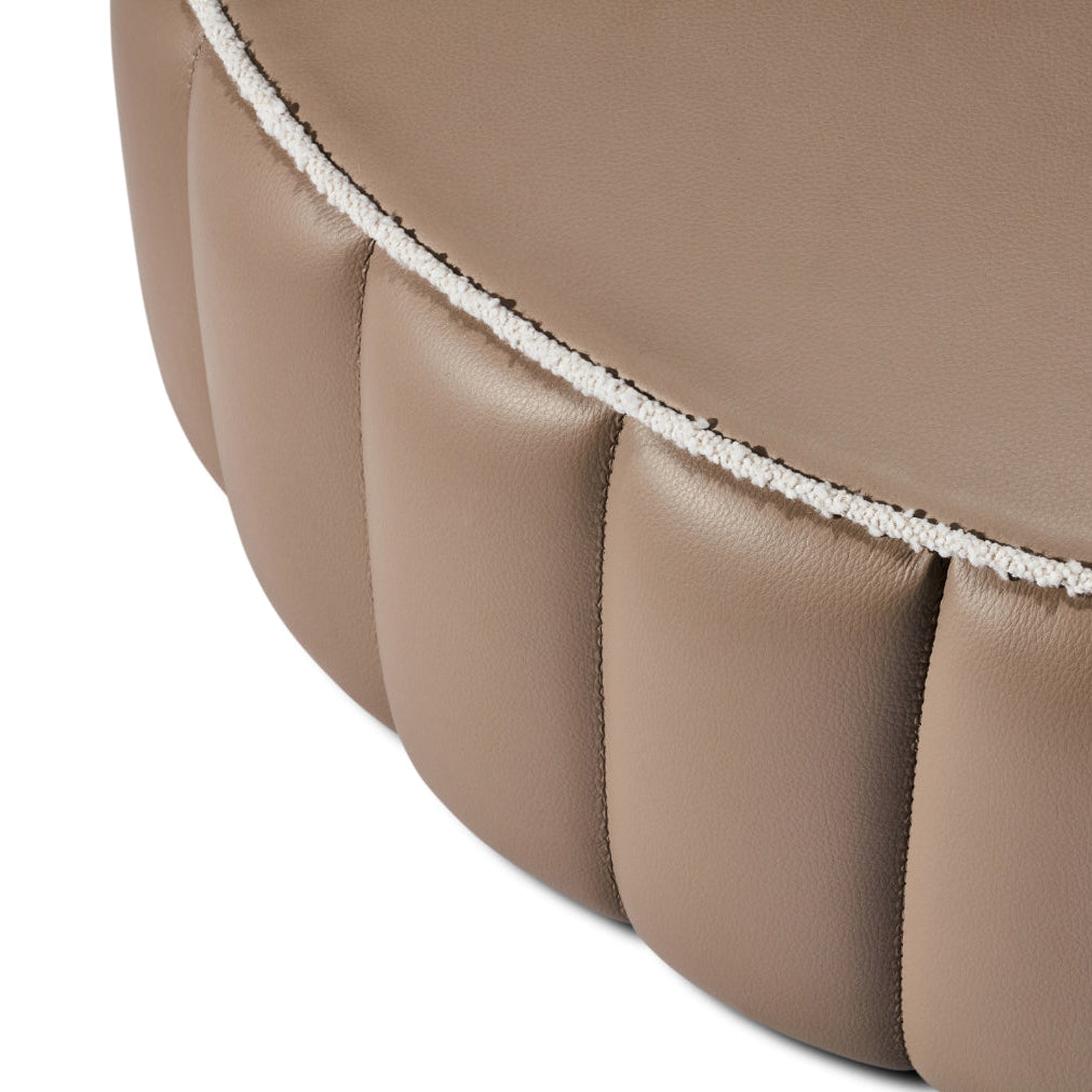 Cloud Scalloped Ottoman in Macadamia Faux Leather with Bubble Dune piping