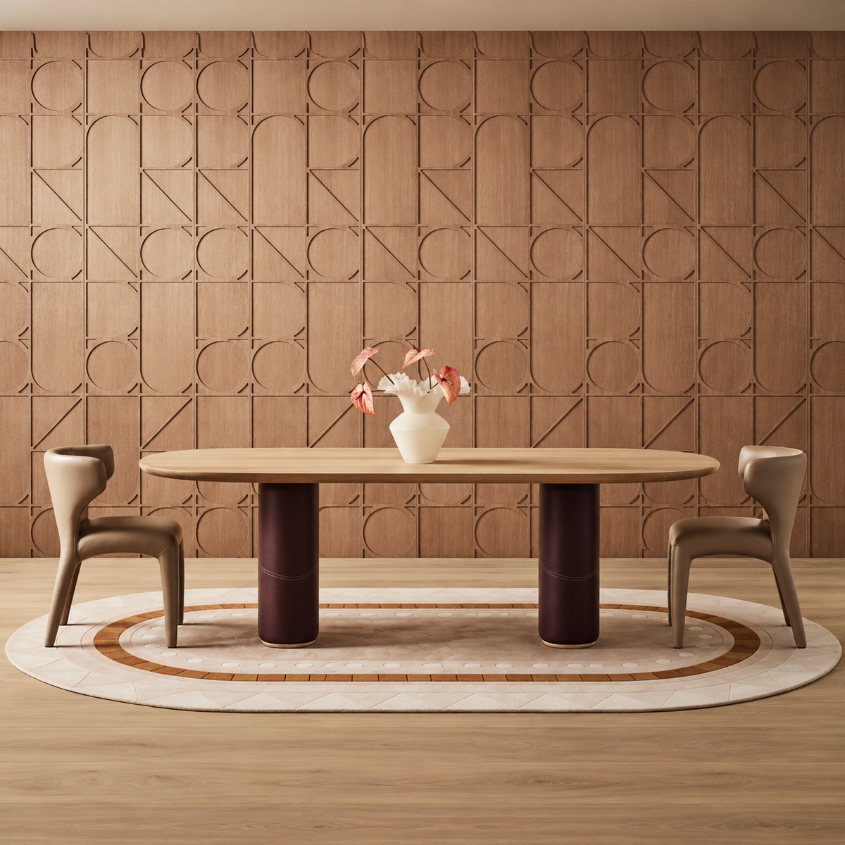 Clover Dining Table with Leather Base Stitch base