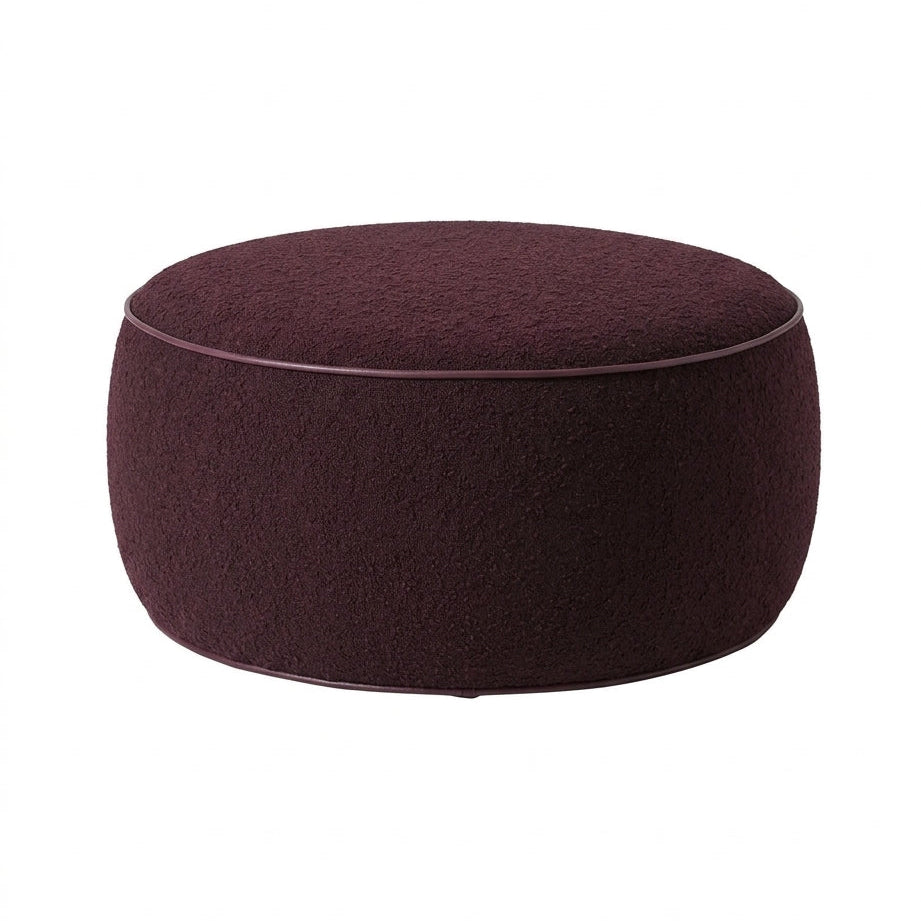 Jewel Upholstered Ottoman in Grainscape Pinot Noir with Burgundy Faux Leather piping