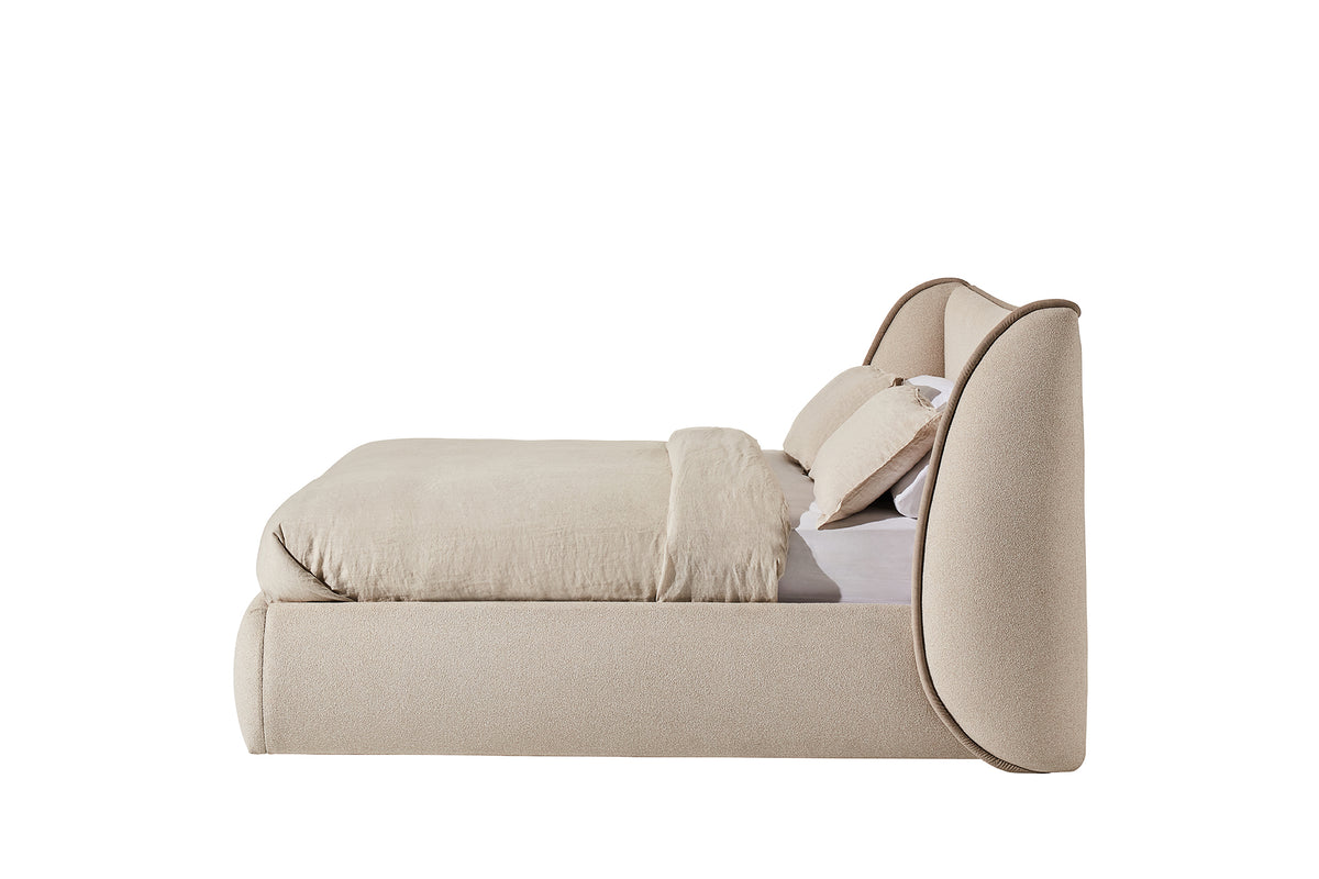 Opal Upholstered Bed in Moondust Dusk with Bubble Rust piping