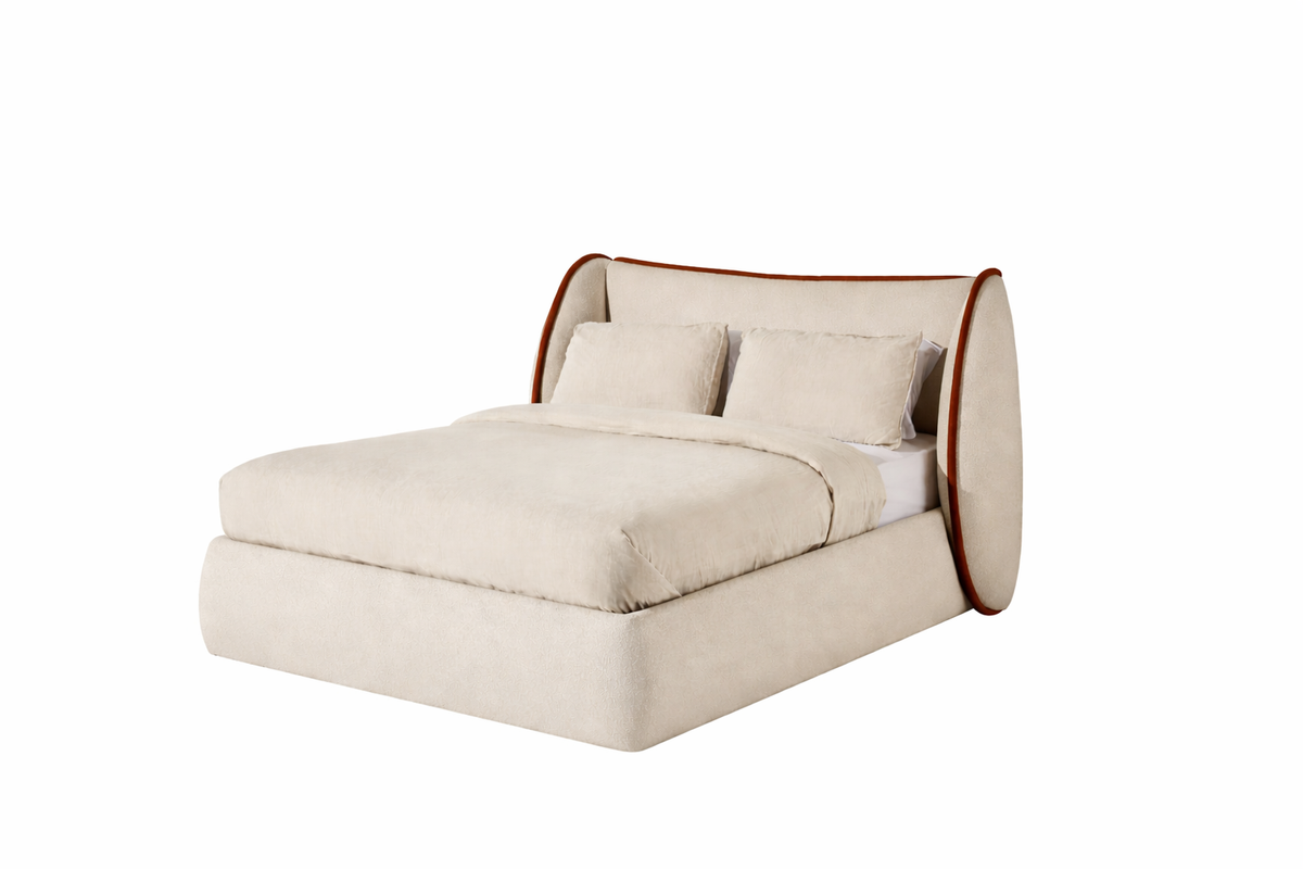 Opal Upholstered Bed in Moondust Dusk with Bubble Rust piping