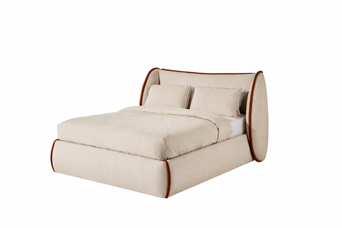 Opal Upholstered Bed in Moondust Dusk with Bubble Rust piping