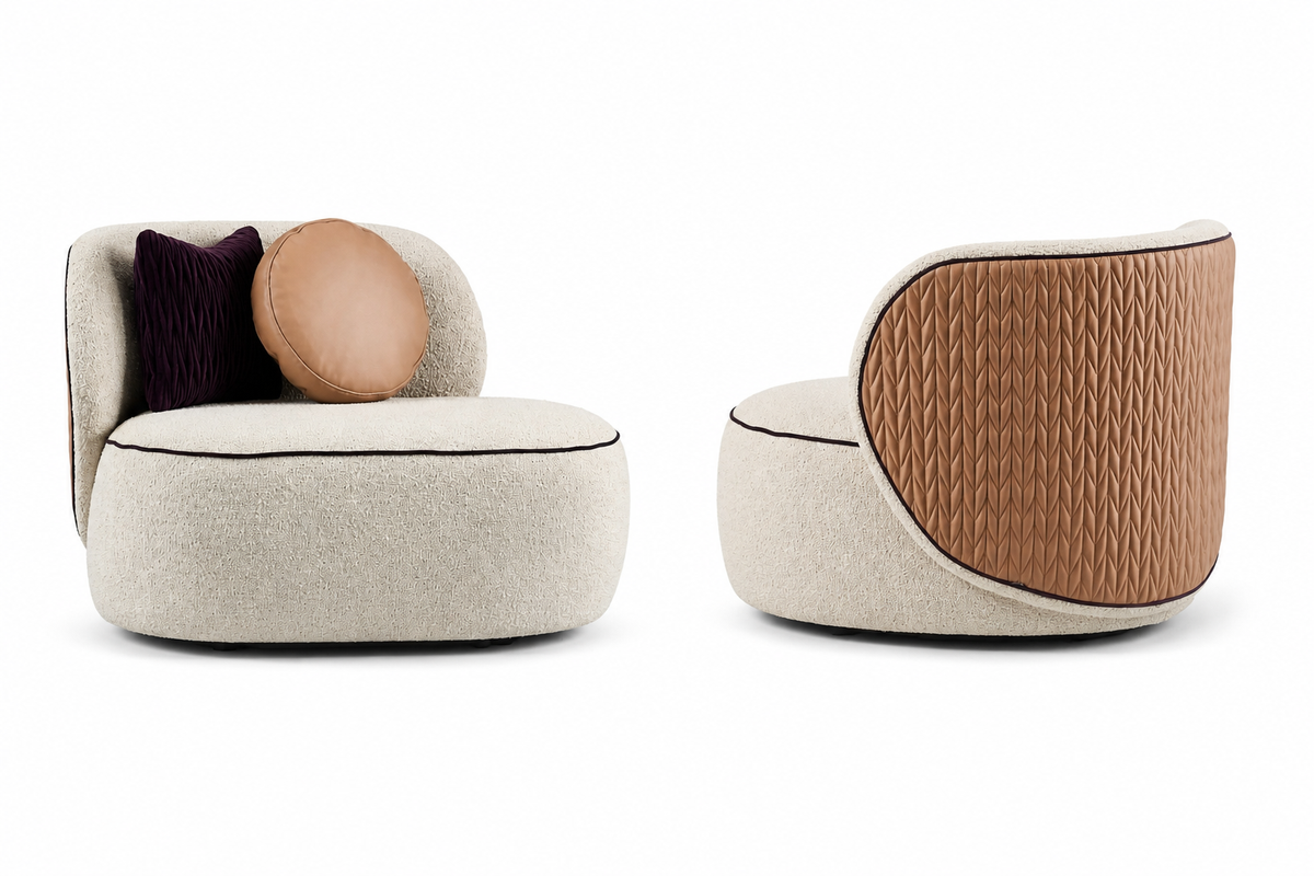 Rosette Chaise Armchair in Sunkissed Weave Malt with Eggplant Velvet piping and Ribbon Stitch Walnut Faux Leather back