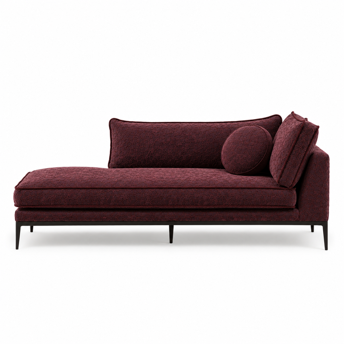 Sabrina Chaise Lounge in Grainscape Merlot with Bubble Eggplant Piping