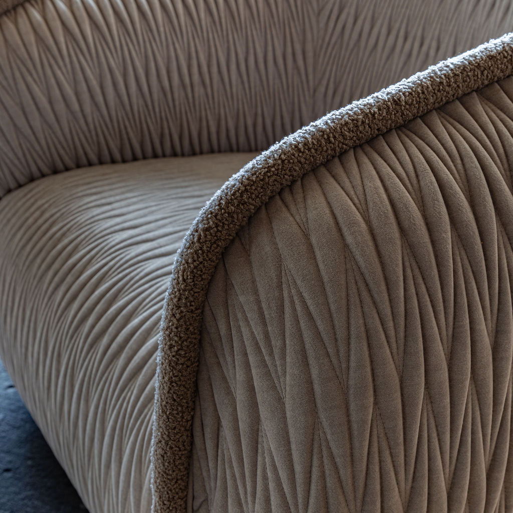 Opal Armchair in Oatmeal Suede Cloth Ribbon Stitch with Bubble Dune piping