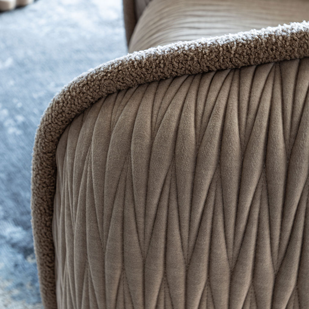 Opal Armchair in Oatmeal Suede Cloth Ribbon Stitch with Bubble Dune piping